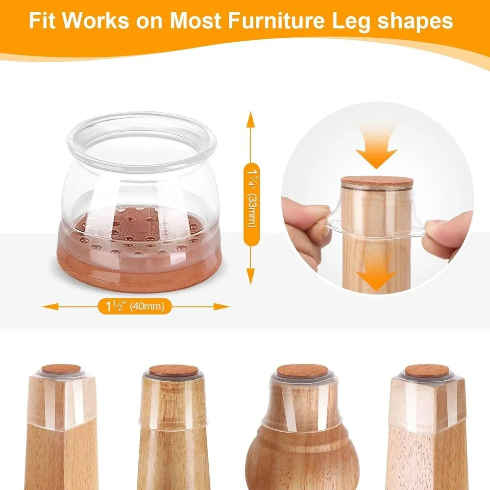 Silicone Chair Leg Floor Protectors with Felt Pads‎ Clear Furniture Caps 32 Pack